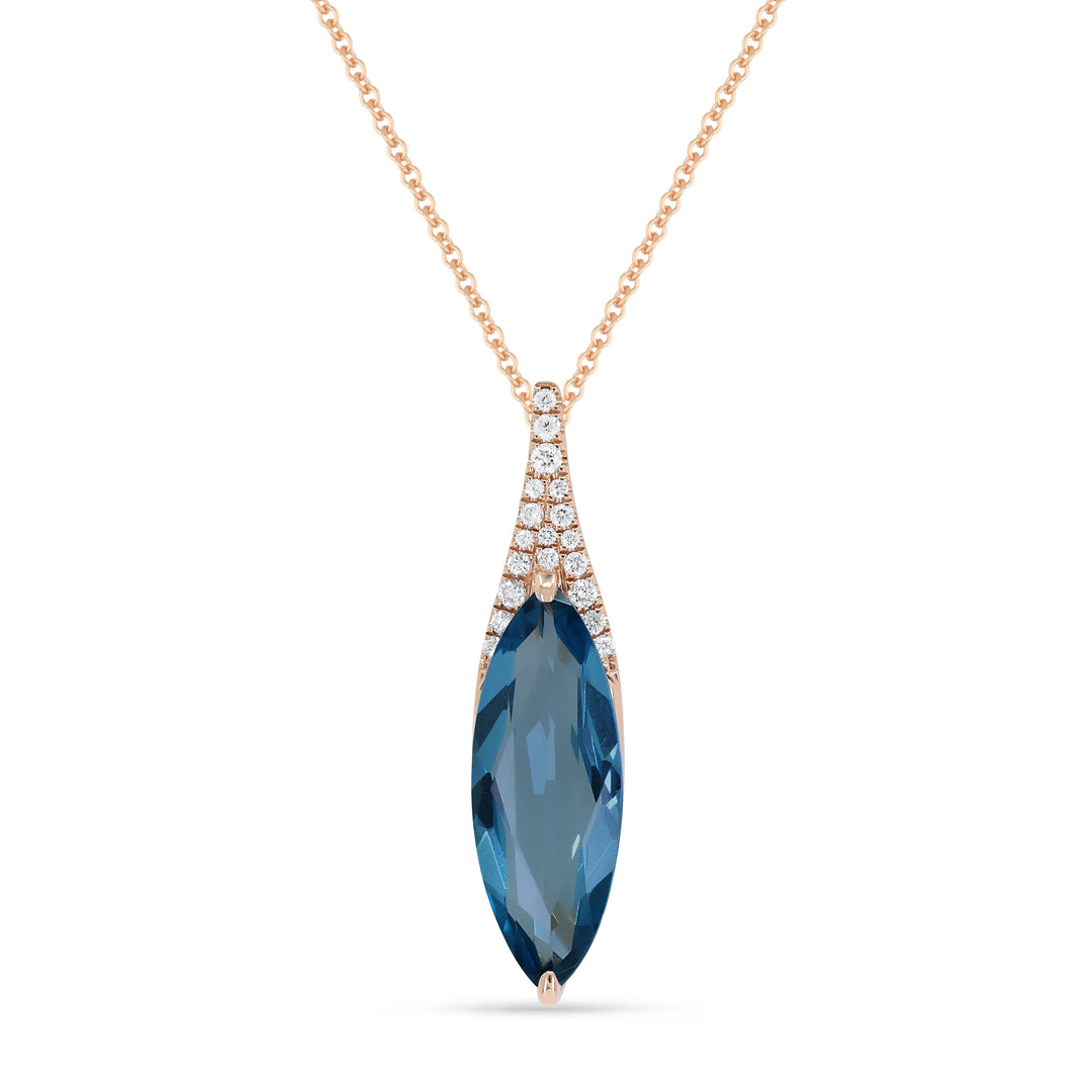 Beautiful Hand Crafted 14K Rose Gold 6x16MM London Blue Topaz And Diamond Essentials Collection Pendant