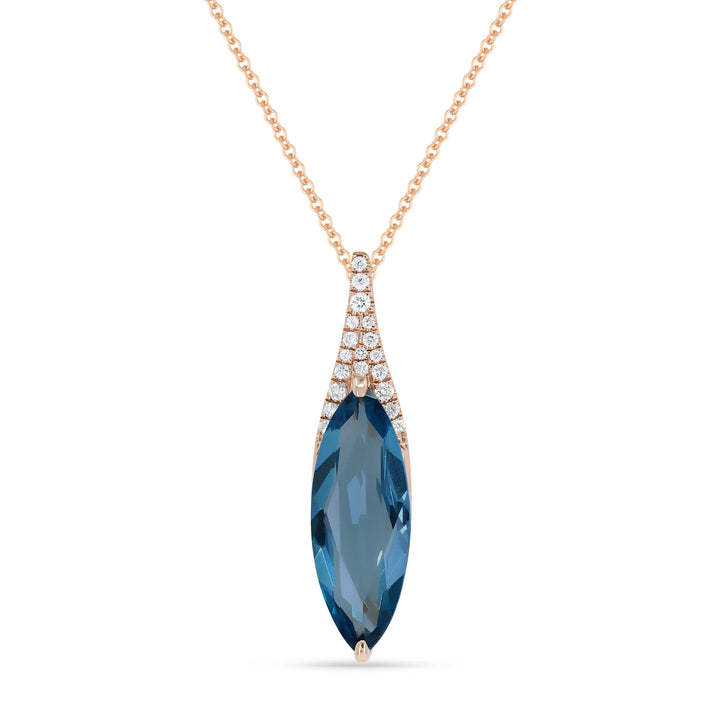 Beautiful Hand Crafted 14K Rose Gold 6X16MM London Blue Topaz And Diamond Essentials Collection Pendant