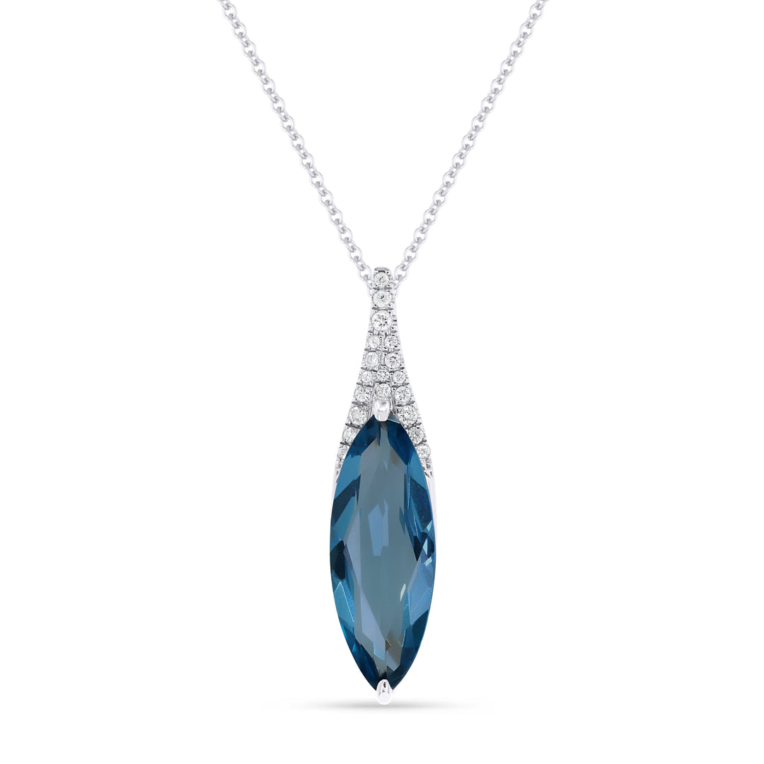 Beautiful Hand Crafted 14K White Gold 6X16MM London Blue Topaz And Diamond Essentials Collection Pendant
