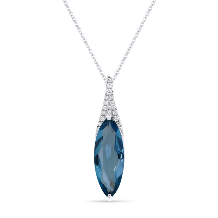 Beautiful Hand Crafted 14K White Gold 6X16MM London Blue Topaz And Diamond Essentials Collection Pendant