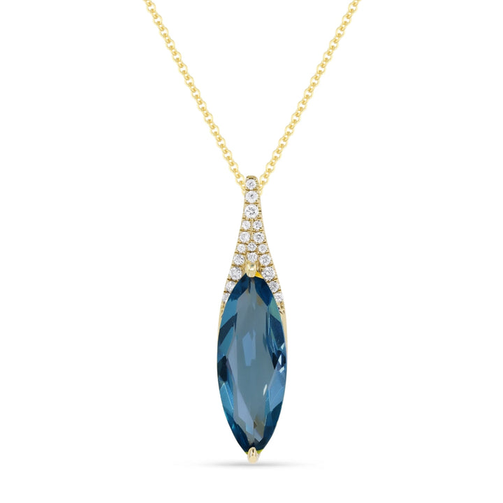 Beautiful Hand Crafted 14K Yellow Gold 6x16MM London Blue Topaz And Diamond Essentials Collection Pendant