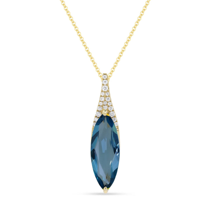 Beautiful Hand Crafted 14K Yellow Gold 6X16MM London Blue Topaz And Diamond Essentials Collection Pendant