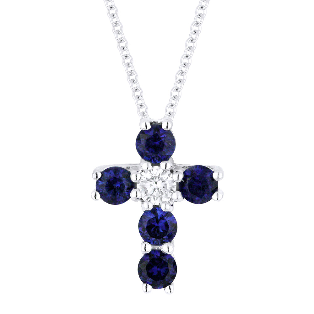 Beautiful Hand Crafted 14K White Gold  Sapphire And Diamond Religious Collection Pendant