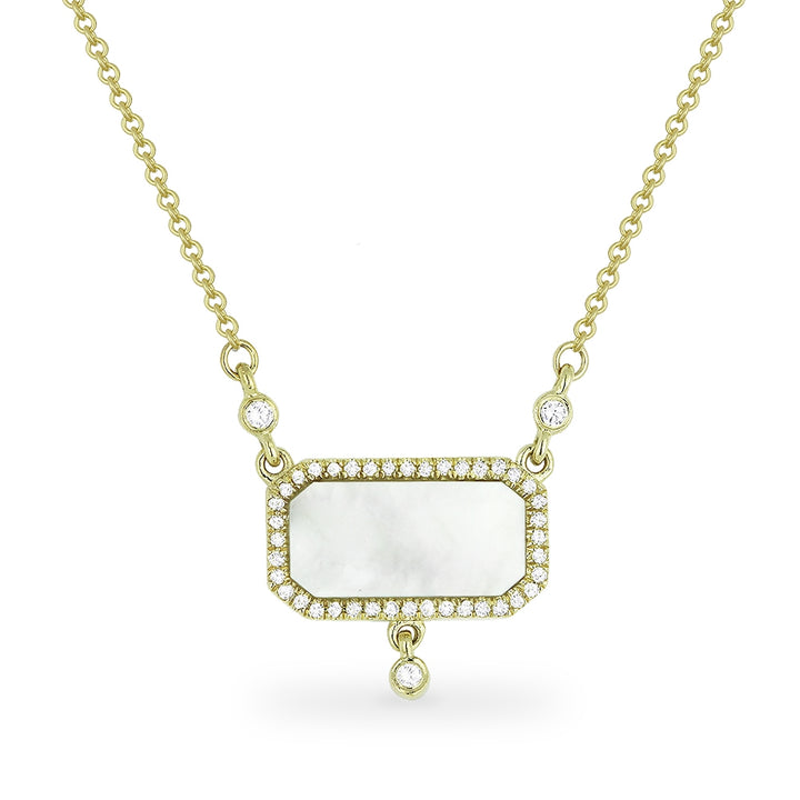 Beautiful Hand Crafted 14K Yellow Gold 6X12MM Mother Of Pearl And Diamond Stiletto Collection Necklace