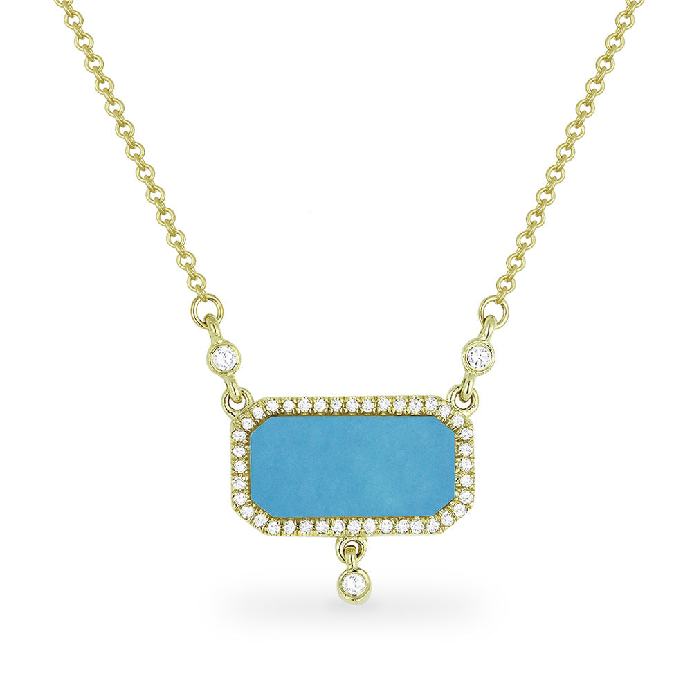 Beautiful Hand Crafted 14K Yellow Gold 6X12MM Turquoise And Diamond Stiletto Collection Necklace