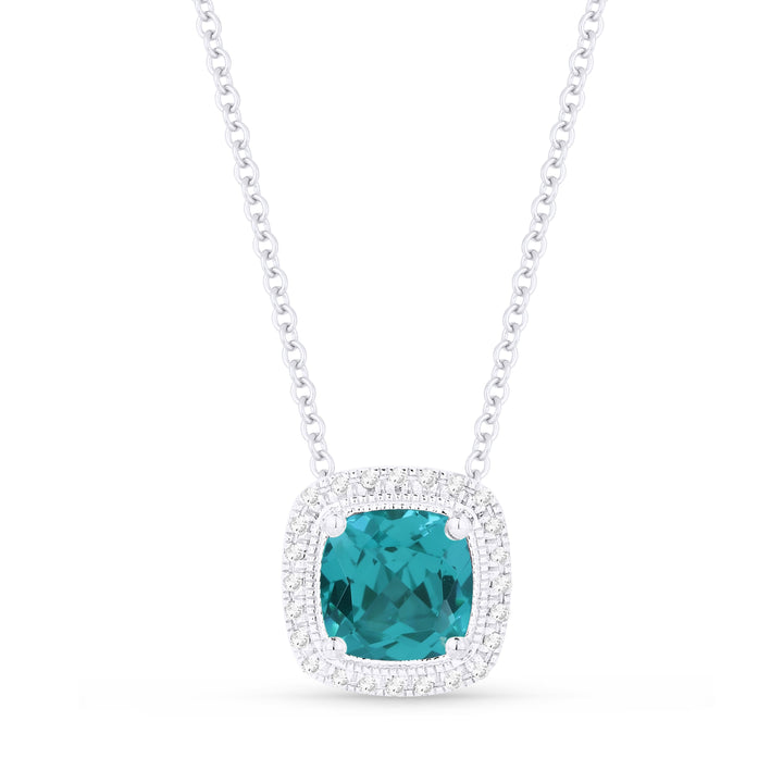 Beautiful Hand Crafted 14K White Gold 6MM Created Tourmaline Paraiba And Diamond Eclectica Collection Pendant