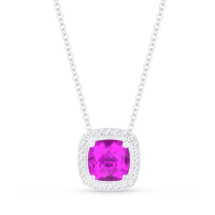 Beautiful Hand Crafted 14K White Gold 6MM Created Pink Sapphire And Diamond Eclectica Collection Pendant