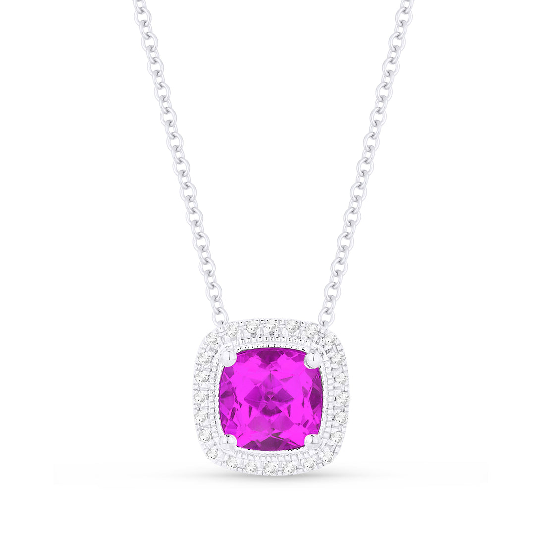 Beautiful Hand Crafted 14K White Gold 6MM Created Pink Sapphire And Diamond Eclectica Collection Pendant