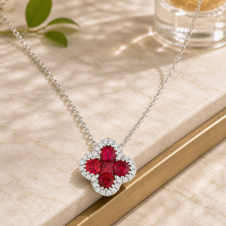 N1134 - 14K & 18K White Gold Ruby & Sapphire Clover Pendant