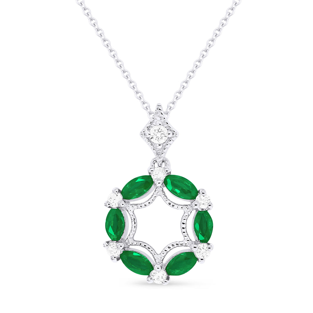 Beautiful Hand Crafted 14K White Gold 2X4MM Emerald And Diamond Arianna Collection Pendant