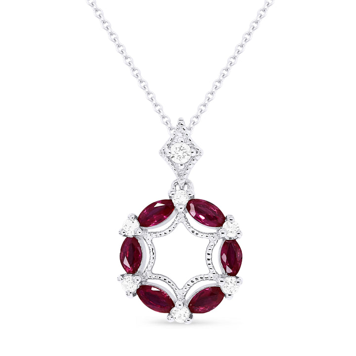 Beautiful Hand Crafted 14K White Gold 2X4MM Ruby And Diamond Arianna Collection Pendant