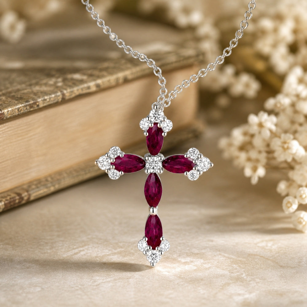 N1144 - 14K White Gold Emerald, Ruby & Sapphire Crucifix Cross Pendant