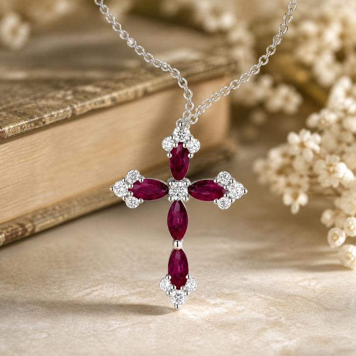 N1144 - 14K White Gold Emerald, Ruby & Sapphire Crucifix Cross Pendant