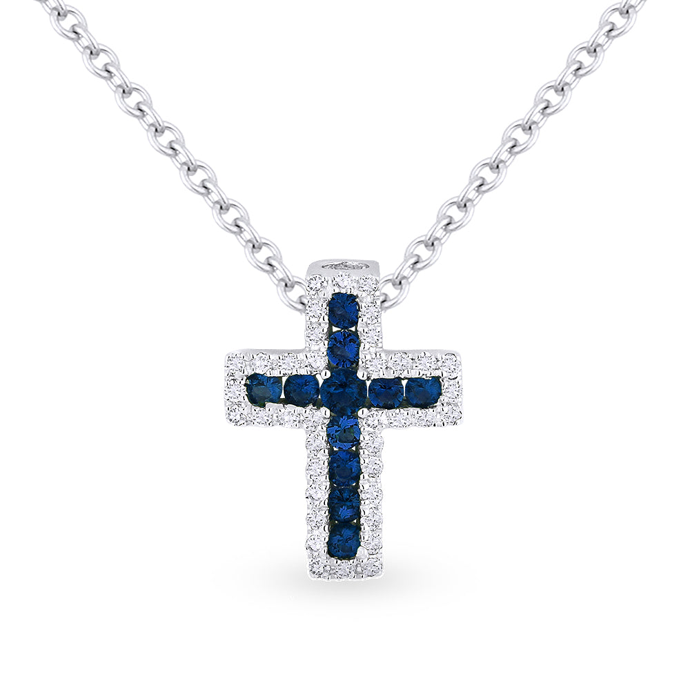 Beautiful Hand Crafted 14K White Gold  Sapphire And Diamond Religious Collection Pendant