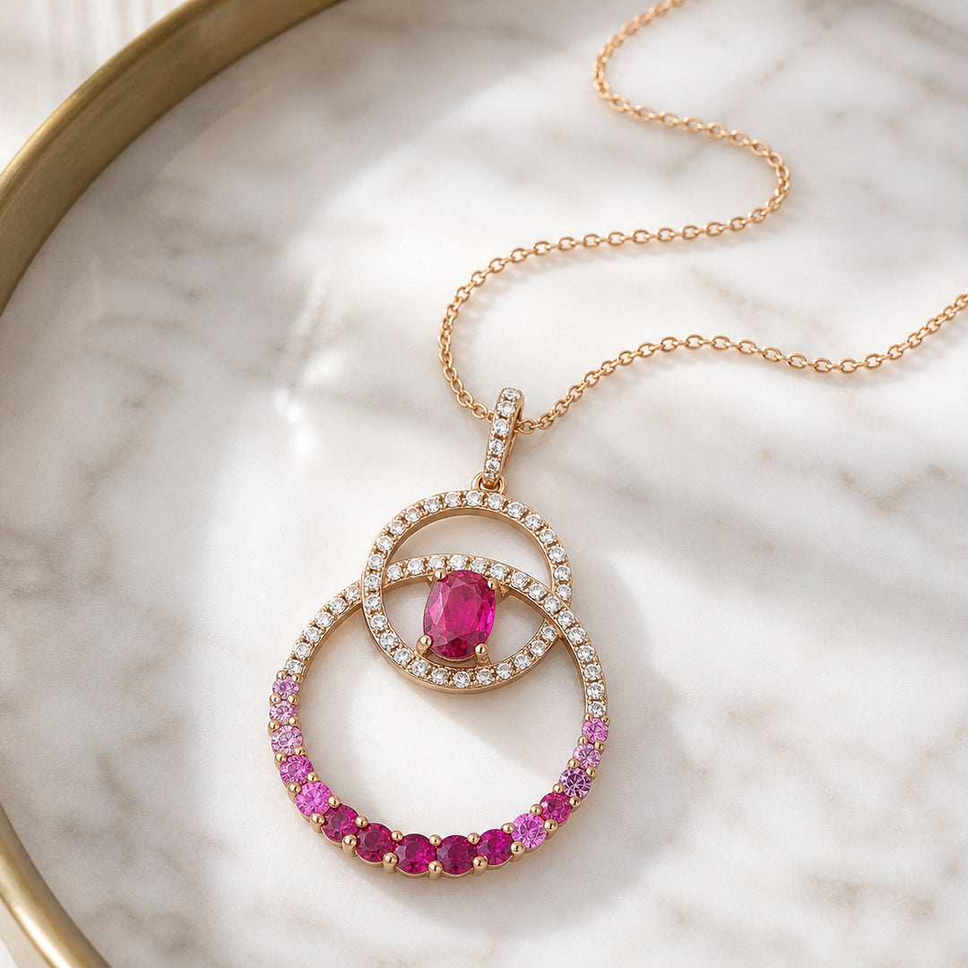 N1180 - 14K Gold Pink Sapphire, Ruby & Sapphire Round Pendant