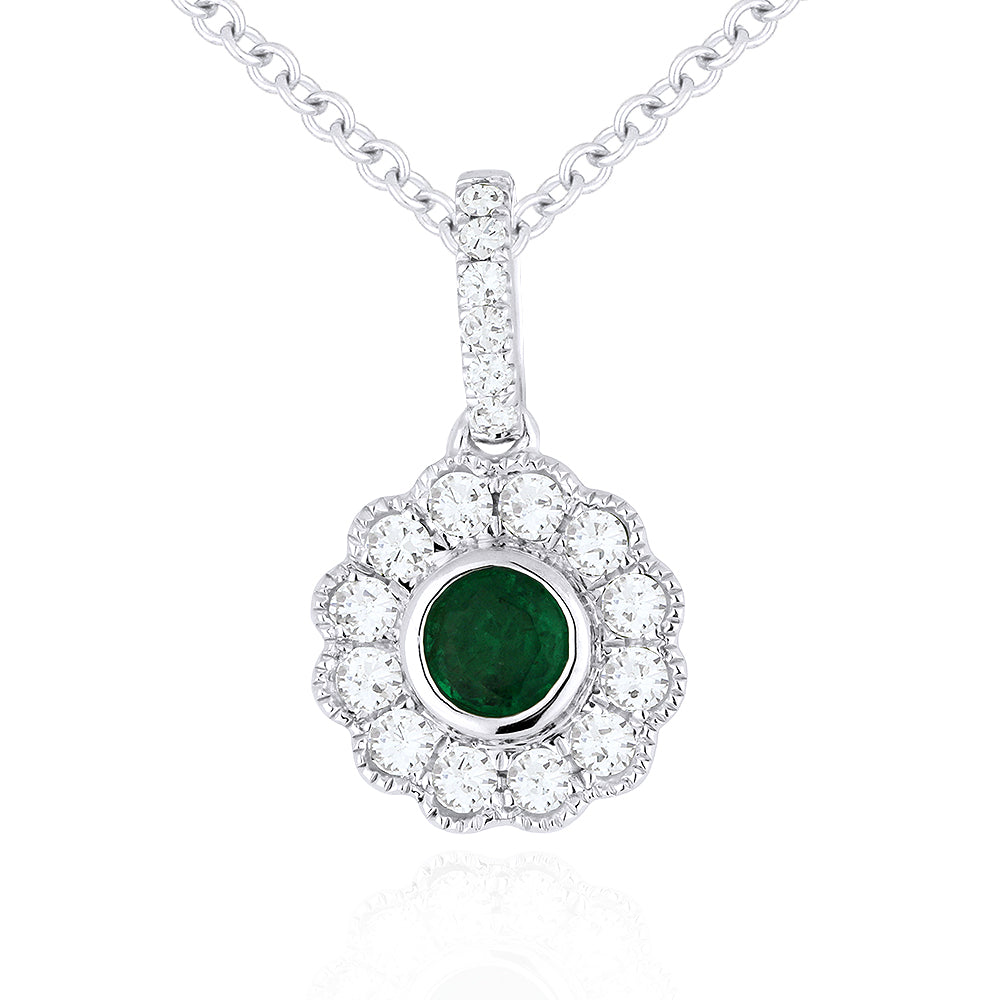 Beautiful Hand Crafted 14K White Gold  Emerald And Diamond Arianna Collection Pendant