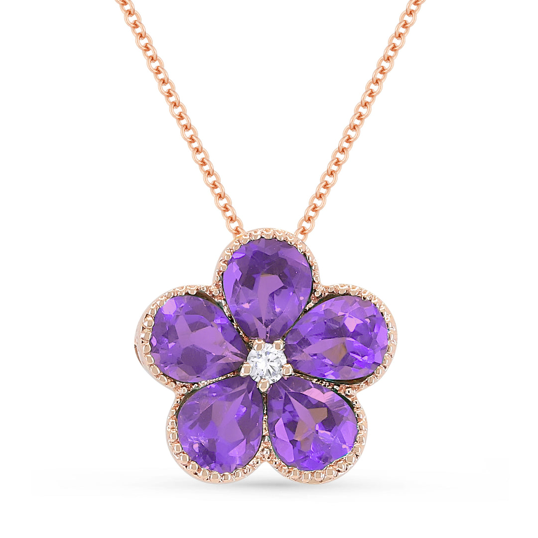 Beautiful Hand Crafted 14K Rose Gold 3x4MM Amethyst And Diamond Essentials Collection Pendant