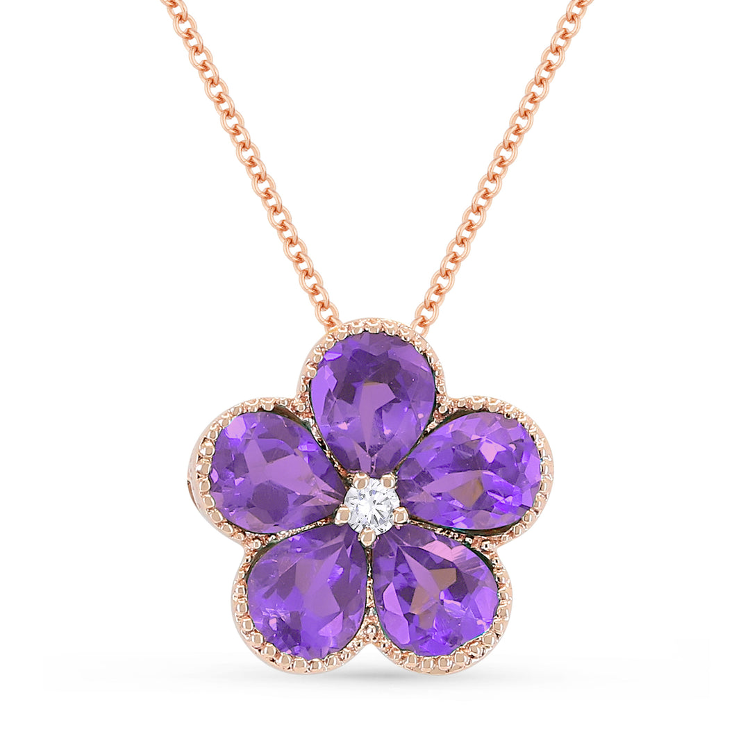 Beautiful Hand Crafted 14K Rose Gold 3X4MM Amethyst And Diamond Essentials Collection Pendant