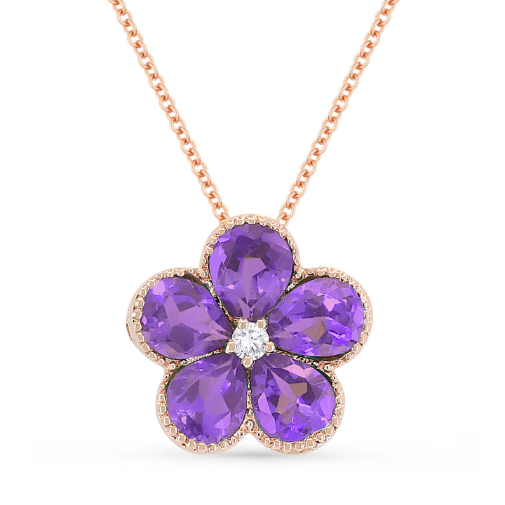 Beautiful Hand Crafted 14K Rose Gold 3X4MM Amethyst And Diamond Essentials Collection Pendant