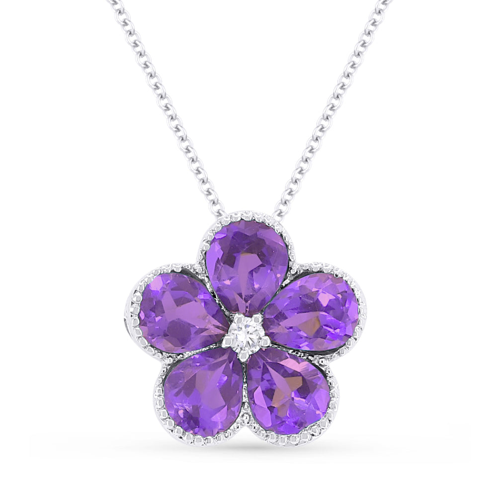 Beautiful Hand Crafted 14K White Gold 3X4MM Amethyst And Diamond Essentials Collection Pendant