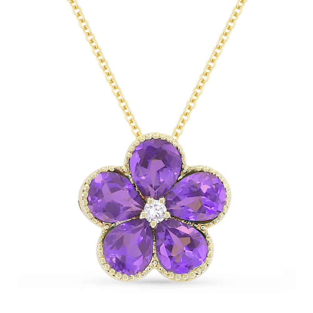 Beautiful Hand Crafted 14K Yellow Gold 3X4MM Amethyst And Diamond Essentials Collection Pendant