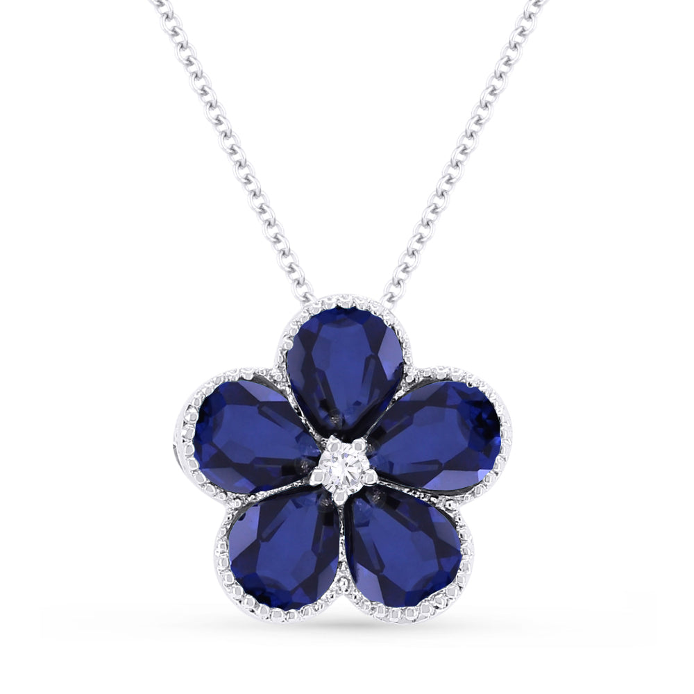 Beautiful Hand Crafted 14K White Gold 3x4MM Created Sapphire And Diamond Essentials Collection Pendant