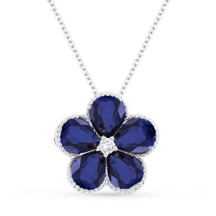 Beautiful Hand Crafted 14K White Gold 3X4MM Created Sapphire And Diamond Essentials Collection Pendant