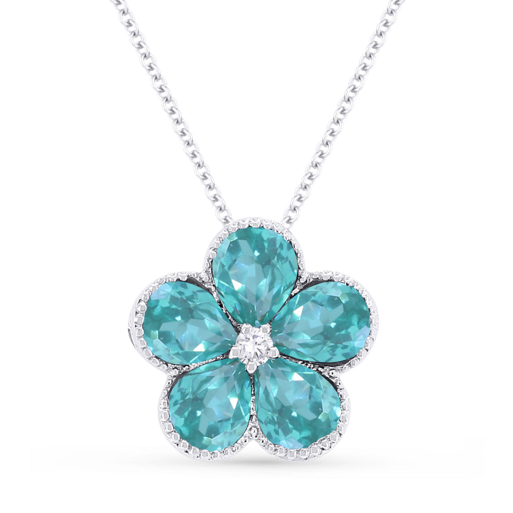 Beautiful Hand Crafted 14K White Gold 3x4MM Created Tourmaline Paraiba And Diamond Essentials Collection Pendant
