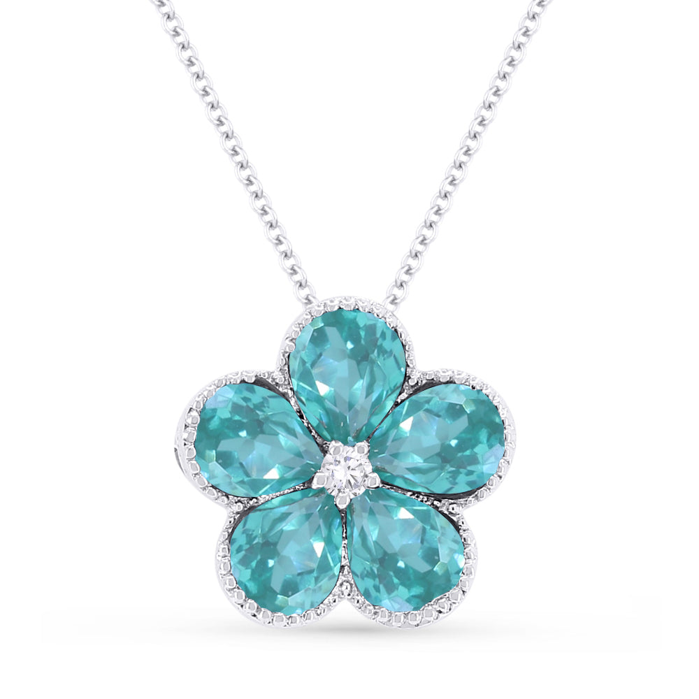 Beautiful Hand Crafted 14K White Gold 3X4MM Created Tourmaline Paraiba And Diamond Essentials Collection Pendant