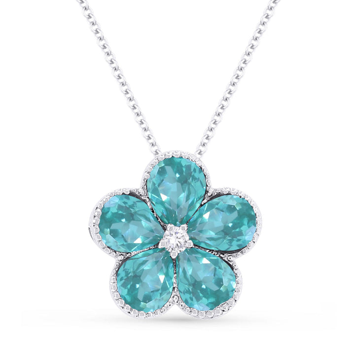 Beautiful Hand Crafted 14K White Gold 3X4MM Created Tourmaline Paraiba And Diamond Essentials Collection Pendant
