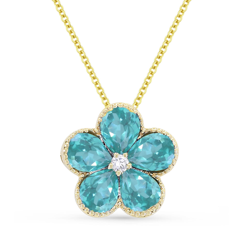 Beautiful Hand Crafted 14K Yellow Gold 3X4MM Created Tourmaline Paraiba And Diamond Essentials Collection Pendant