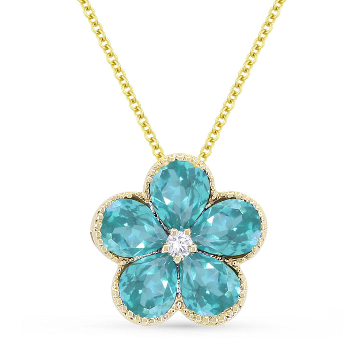 Beautiful Hand Crafted 14K Yellow Gold 3X4MM Created Tourmaline Paraiba And Diamond Essentials Collection Pendant