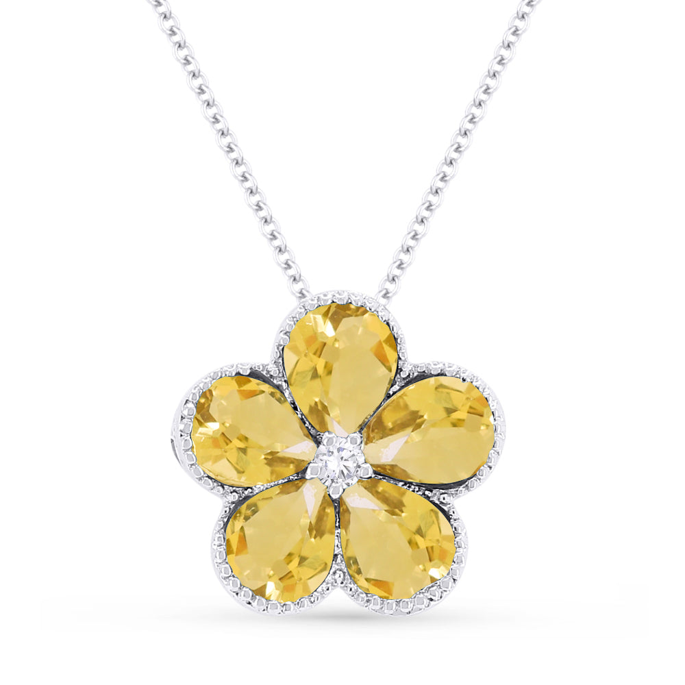 Beautiful Hand Crafted 14K White Gold 3X4MM Citrine And Diamond Essentials Collection Pendant