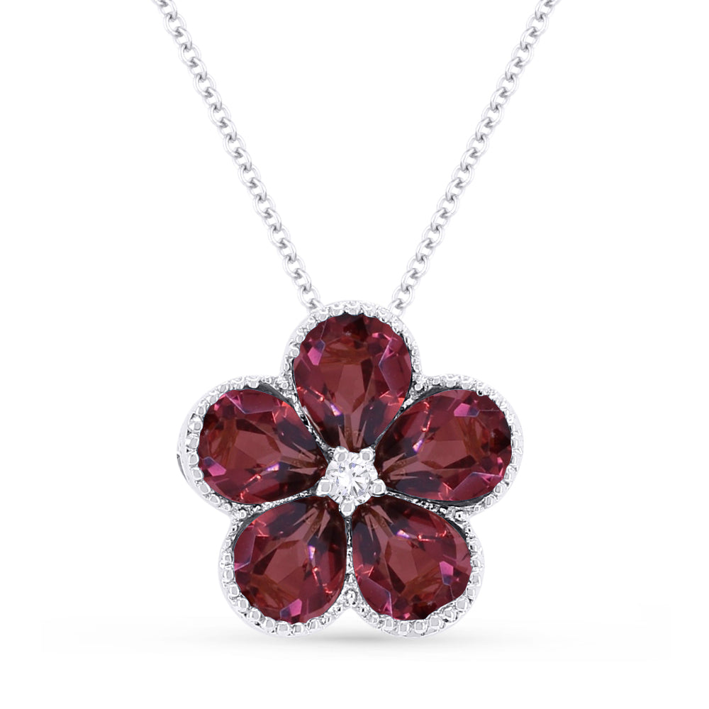 Beautiful Hand Crafted 14K White Gold 3x4MM Garnet And Diamond Essentials Collection Pendant