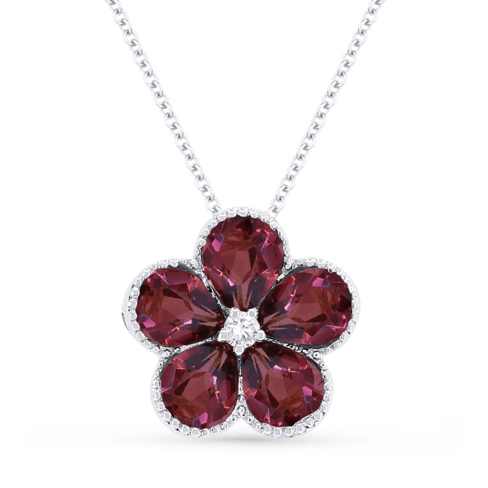 Beautiful Hand Crafted 14K White Gold 3X4MM Garnet And Diamond Essentials Collection Pendant