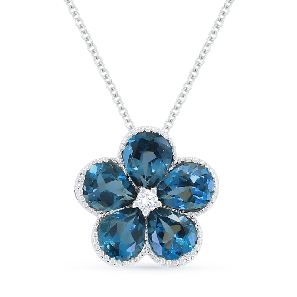 Beautiful Hand Crafted 14K White Gold 3X4MM London Blue Topaz And Diamond Essentials Collection Pendant
