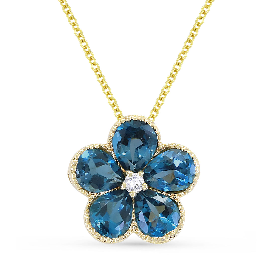 Beautiful Hand Crafted 14K Yellow Gold 3X4MM London Blue Topaz And Diamond Essentials Collection Pendant