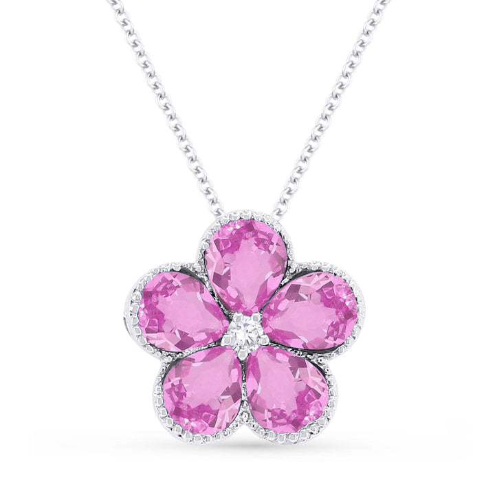 Beautiful Hand Crafted 14K White Gold 3x4MM Created Pink Sapphire And Diamond Essentials Collection Pendant
