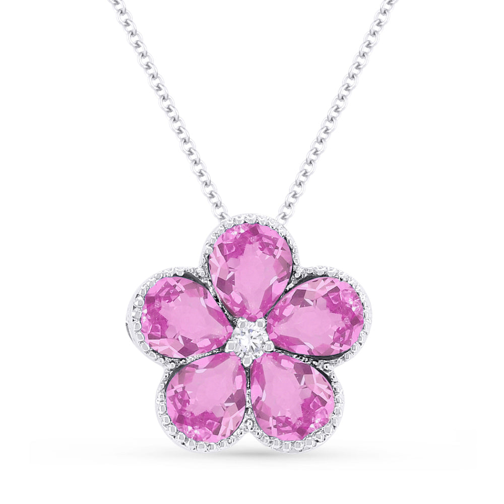 Beautiful Hand Crafted 14K White Gold 3X4MM Created Pink Sapphire And Diamond Essentials Collection Pendant