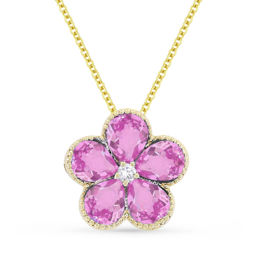Beautiful Hand Crafted 14K Yellow Gold 3X4MM Created Pink Sapphire And Diamond Essentials Collection Pendant