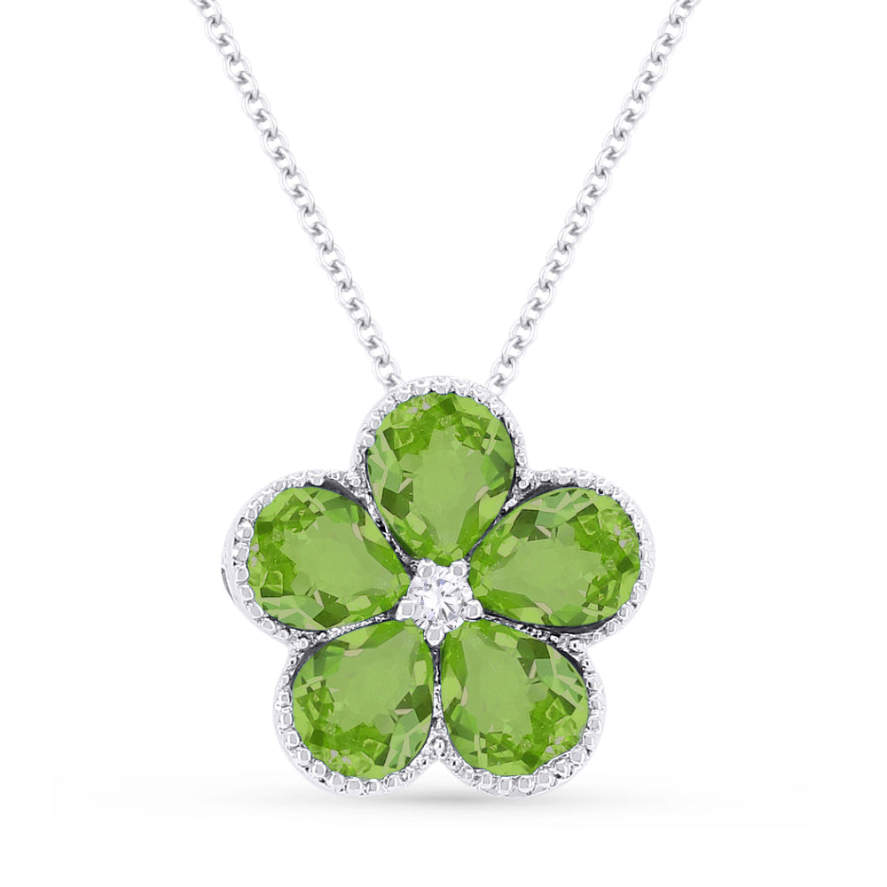 Beautiful Hand Crafted 14K White Gold 3X4MM Peridot And Diamond Essentials Collection Pendant