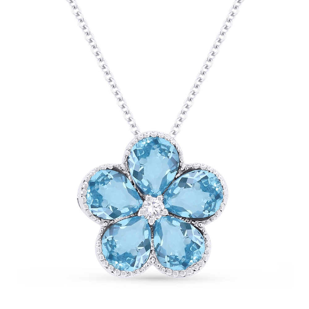 Beautiful Hand Crafted 14K White Gold 3X4MM Swiss Blue Topaz And Diamond Essentials Collection Pendant