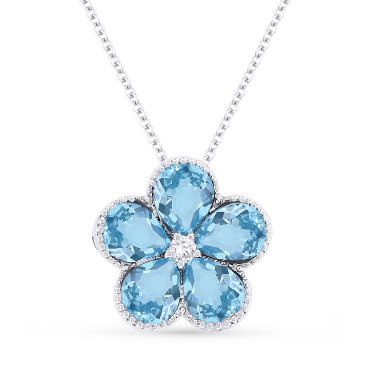 Beautiful Hand Crafted 14K White Gold 3X4MM Swiss Blue Topaz And Diamond Essentials Collection Pendant