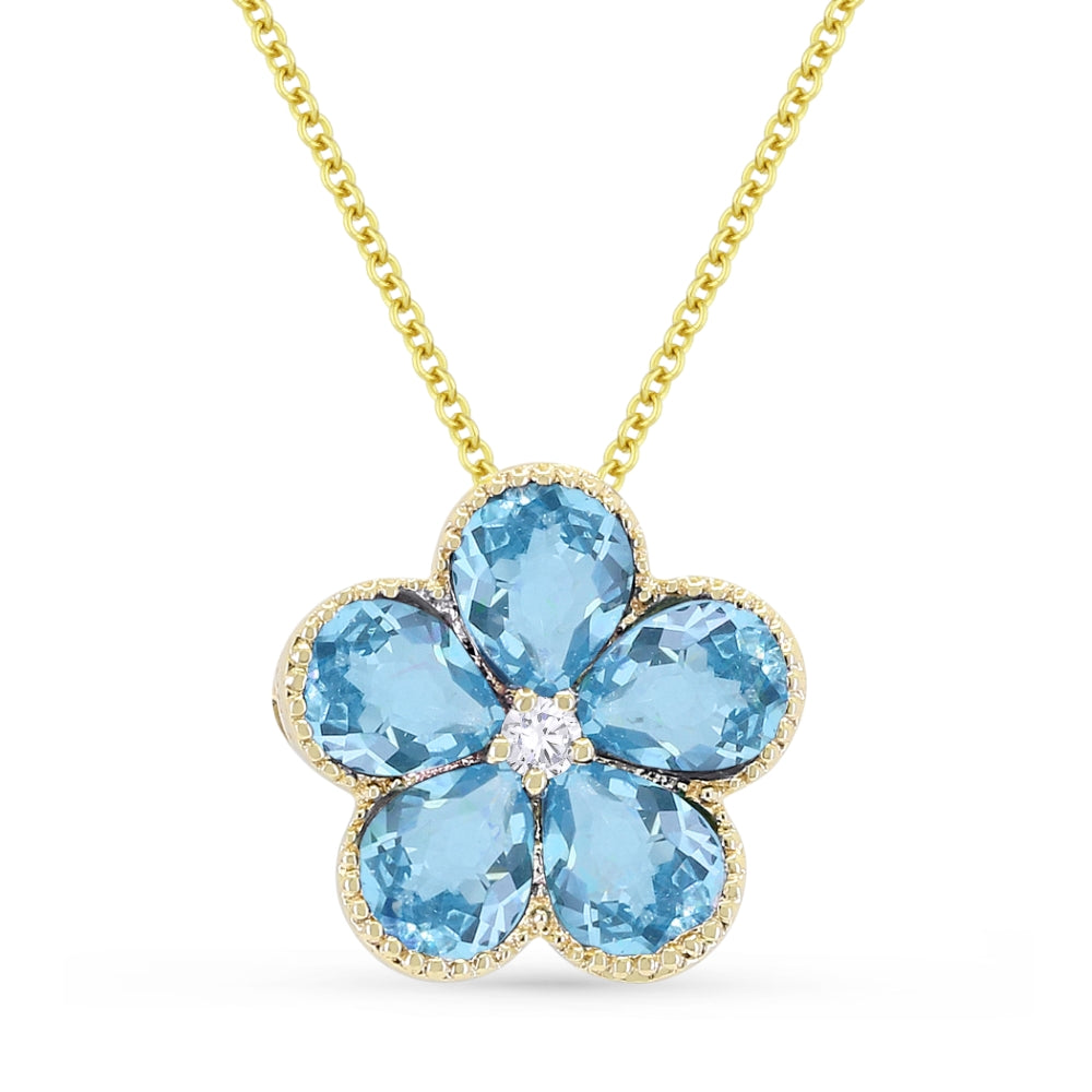 Beautiful Hand Crafted 14K Yellow Gold 3X4MM Swiss Blue Topaz And Diamond Essentials Collection Pendant