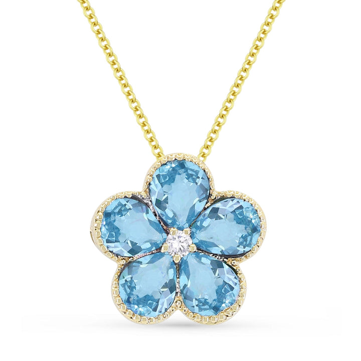 Beautiful Hand Crafted 14K Yellow Gold 3X4MM Swiss Blue Topaz And Diamond Essentials Collection Pendant