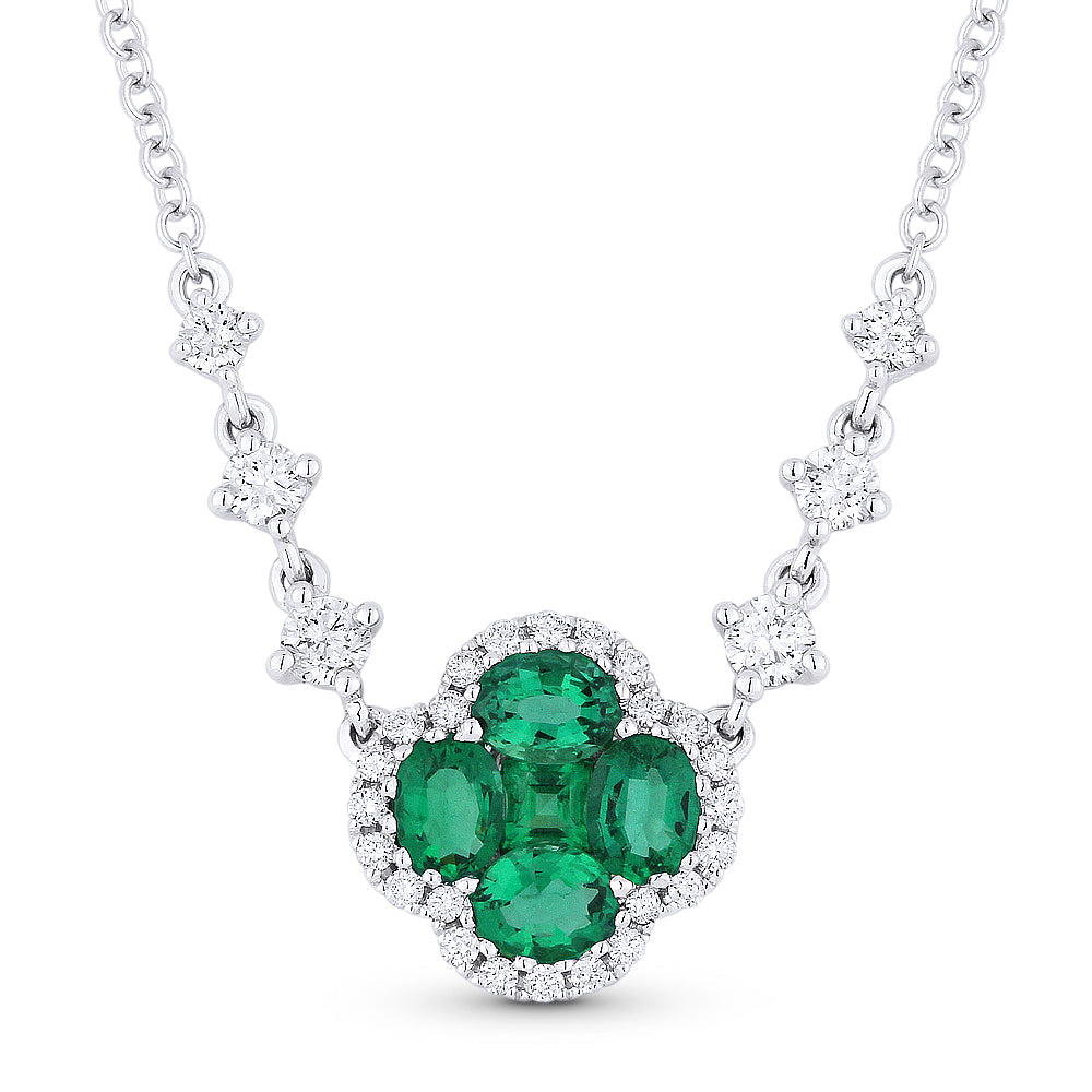 Beautiful Hand Crafted 18K White Gold 4X3MM Emerald And Diamond Arianna Collection Necklace