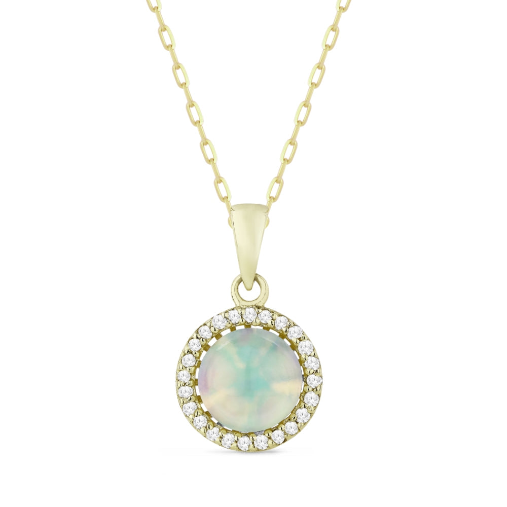 Beautiful Hand Crafted 14K Yellow Gold 6MM Created Ethiopian Opal And Diamond Essentials Collection Pendant