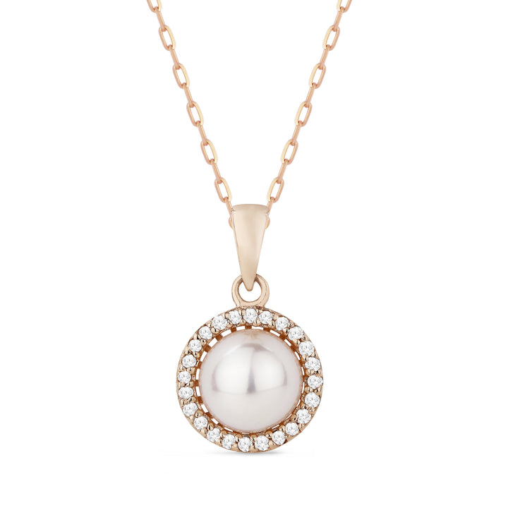 Beautiful Hand Crafted 14K Rose Gold 6MM Pearl And Diamond Essentials Collection Pendant