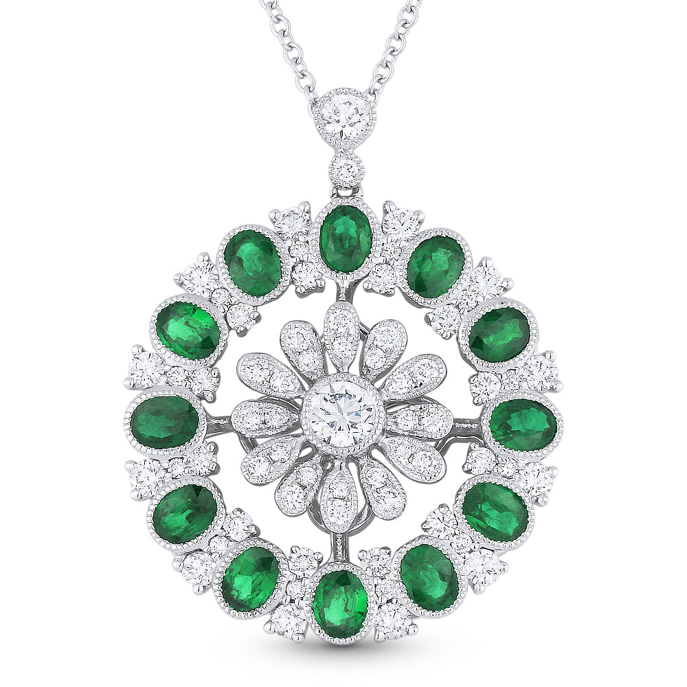 Beautiful Hand Crafted 18K White Gold  Emerald And Diamond Arianna Collection Pendant