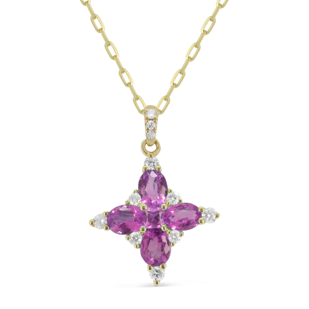 Beautiful Hand Crafted 14K Yellow Gold 4X3MM Pink Sapphire And Diamond Arianna Collection Pendant